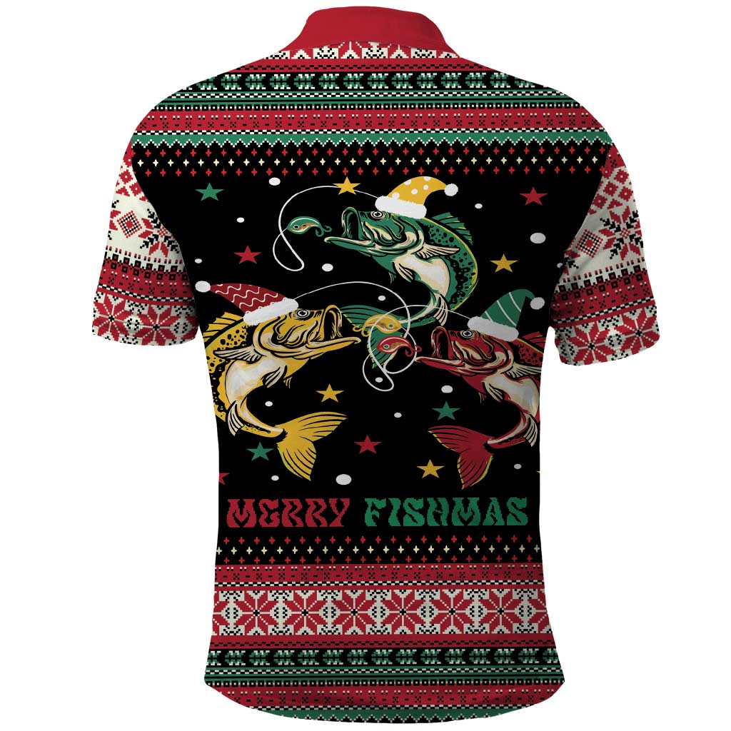 Funny Fishmas Bass Polo Shirt Christmas Santa Hat Lights - Wonder Print Shop