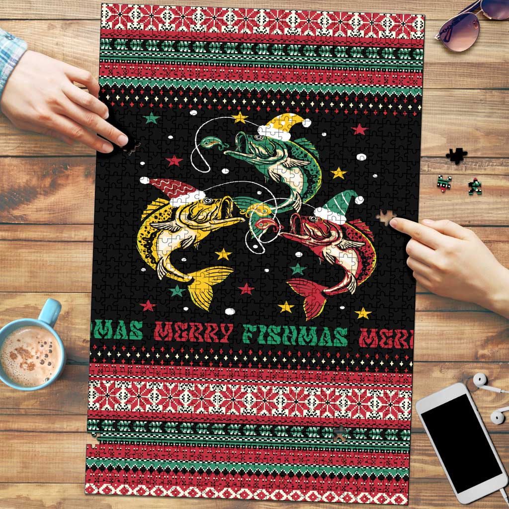 Funny Fishmas Bass Puzzle Christmas Santa Hat Lights - Wonder Print Shop