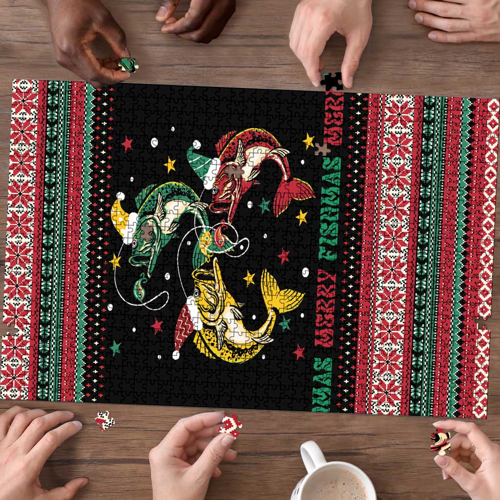 Funny Fishmas Bass Puzzle Christmas Santa Hat Lights - Wonder Print Shop