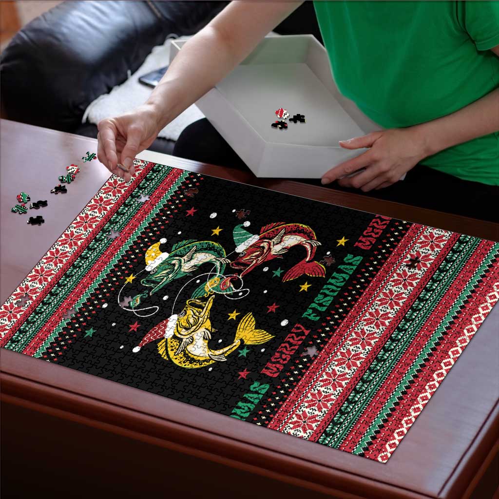 Funny Fishmas Bass Puzzle Christmas Santa Hat Lights - Wonder Print Shop