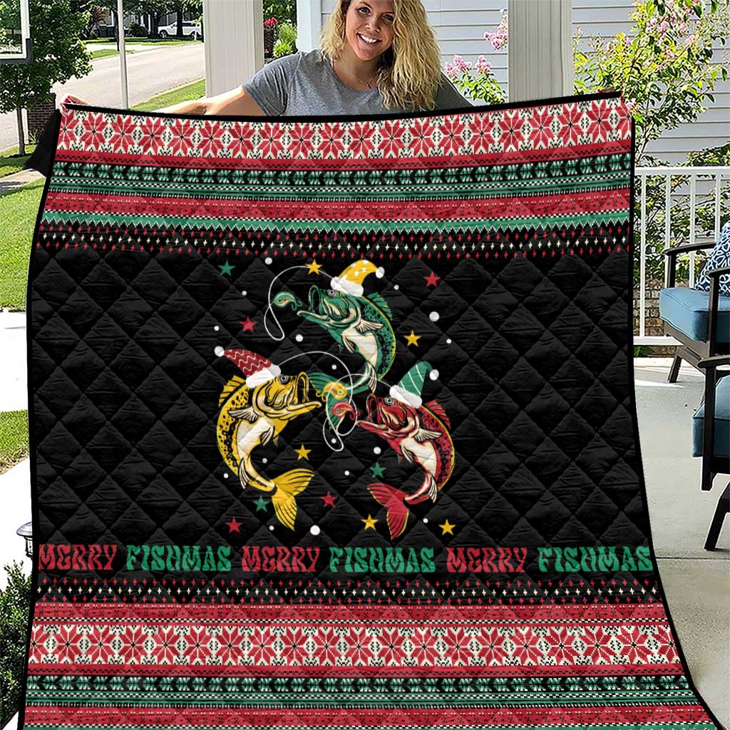 Funny Fishmas Bass Quilt Christmas Santa Hat Lights - Wonder Print Shop
