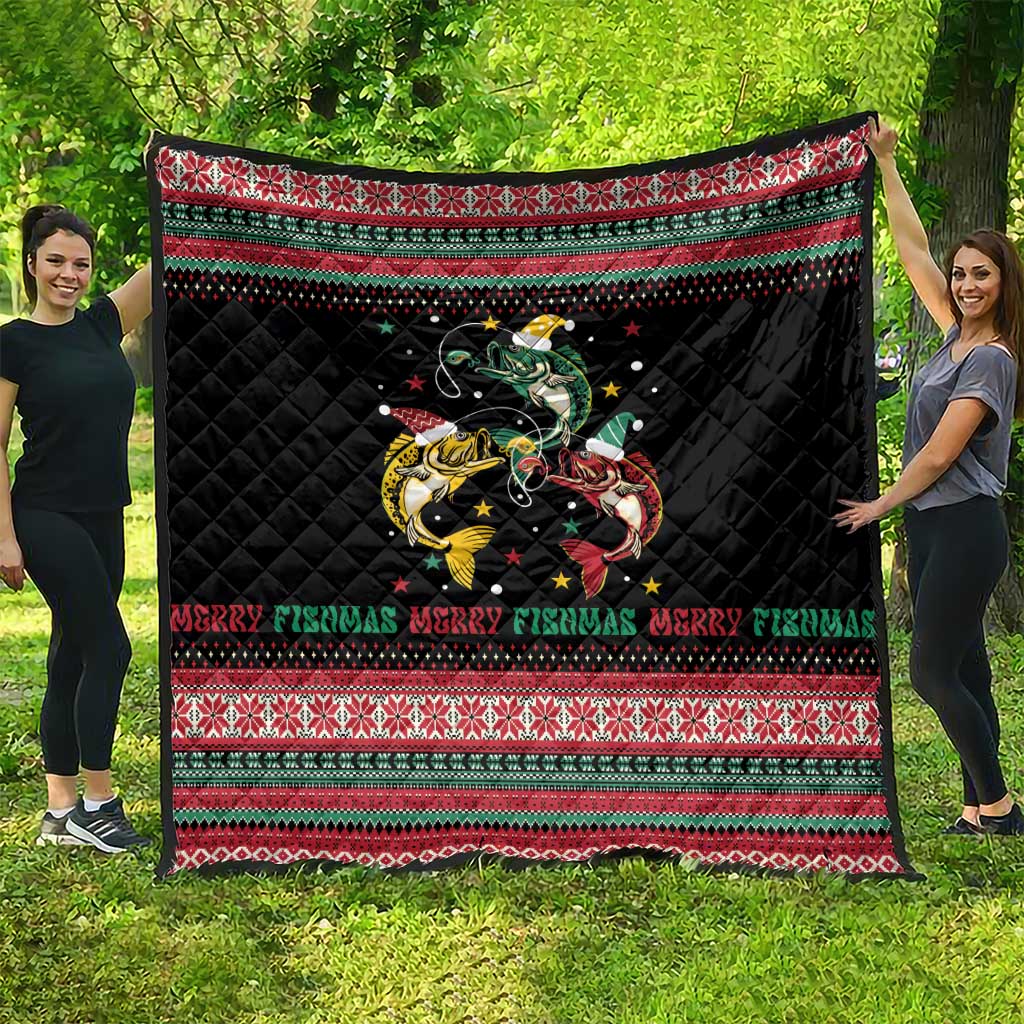 Funny Fishmas Bass Quilt Christmas Santa Hat Lights - Wonder Print Shop