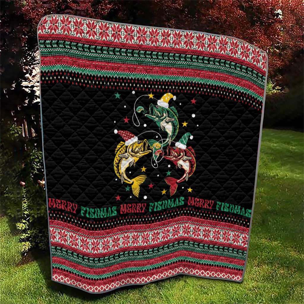 Funny Fishmas Bass Quilt Christmas Santa Hat Lights - Wonder Print Shop