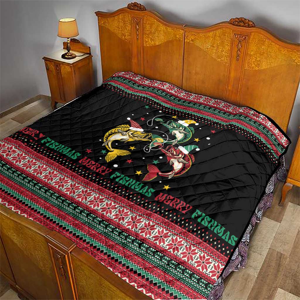 Funny Fishmas Bass Quilt Christmas Santa Hat Lights - Wonder Print Shop