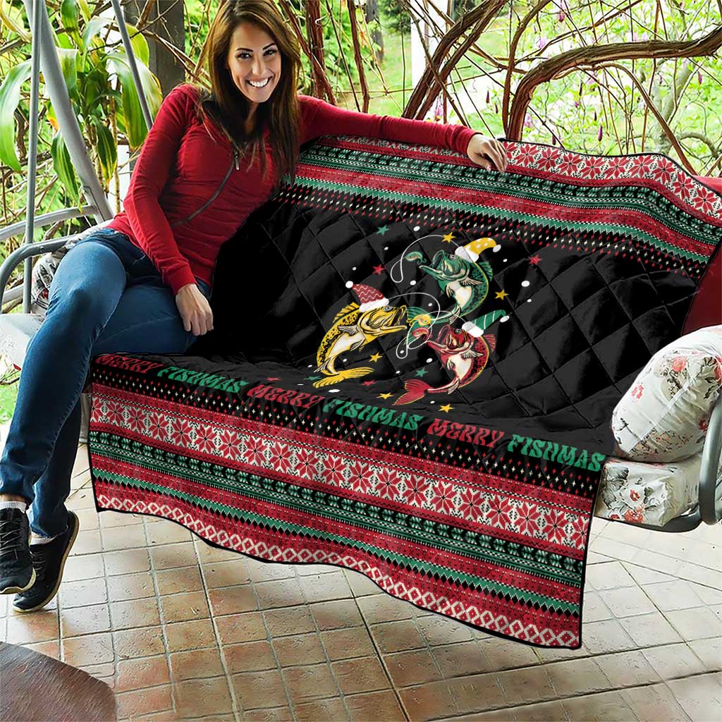Funny Fishmas Bass Quilt Christmas Santa Hat Lights - Wonder Print Shop