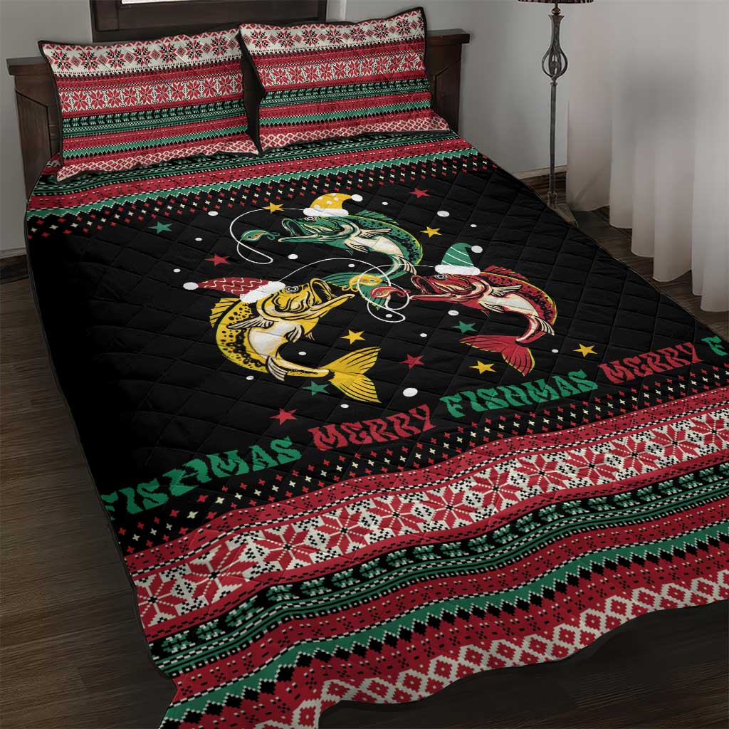 Funny Fishmas Bass Quilt Bed Set Christmas Santa Hat Lights - Wonder Print Shop