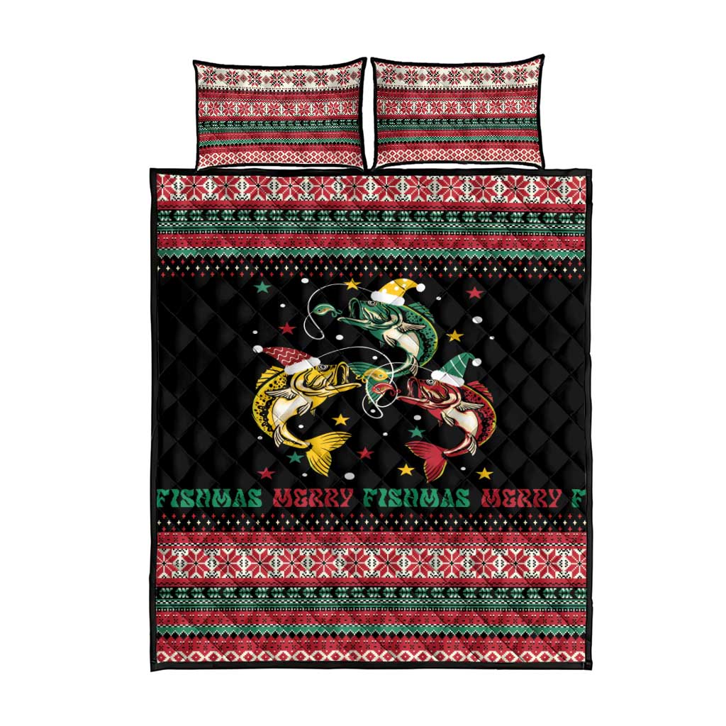 Funny Fishmas Bass Quilt Bed Set Christmas Santa Hat Lights - Wonder Print Shop