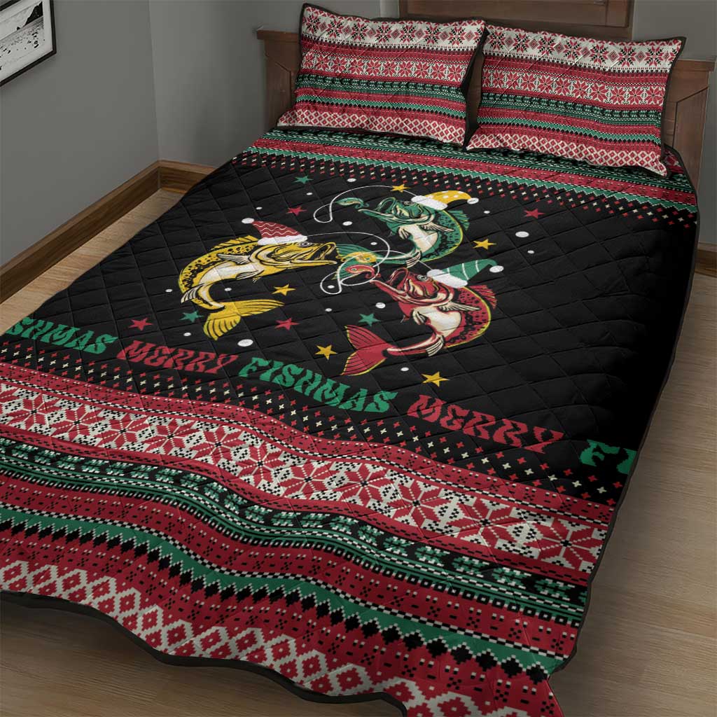 Funny Fishmas Bass Quilt Bed Set Christmas Santa Hat Lights - Wonder Print Shop