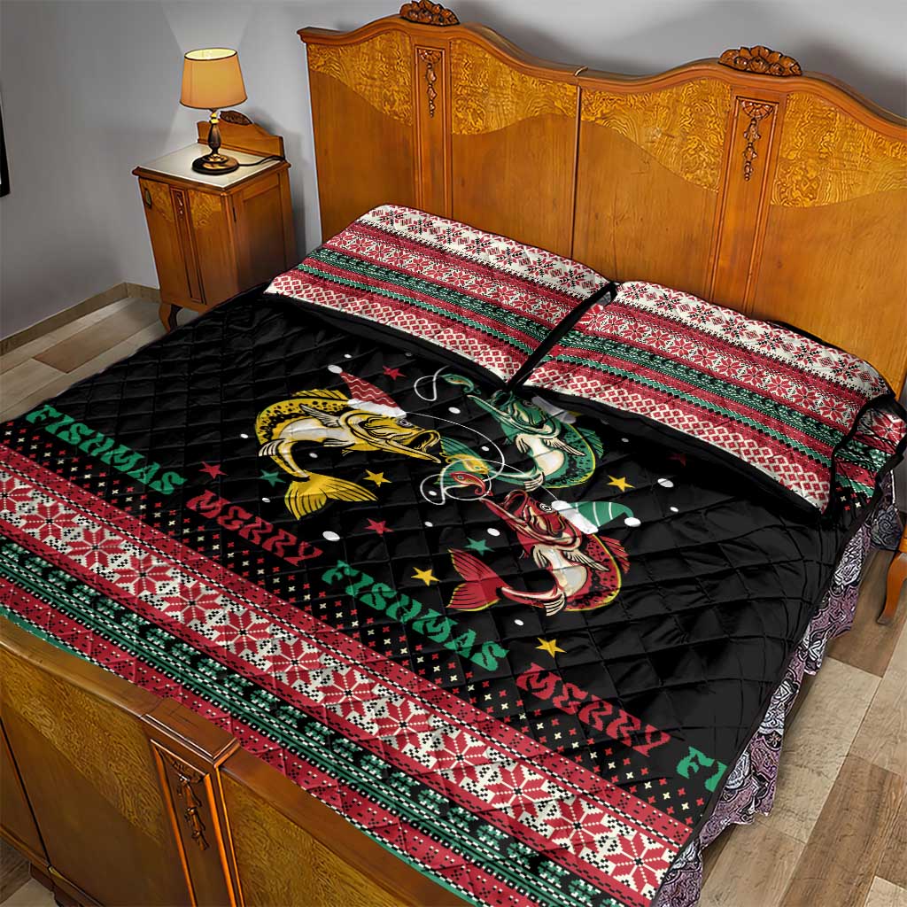 Funny Fishmas Bass Quilt Bed Set Christmas Santa Hat Lights - Wonder Print Shop