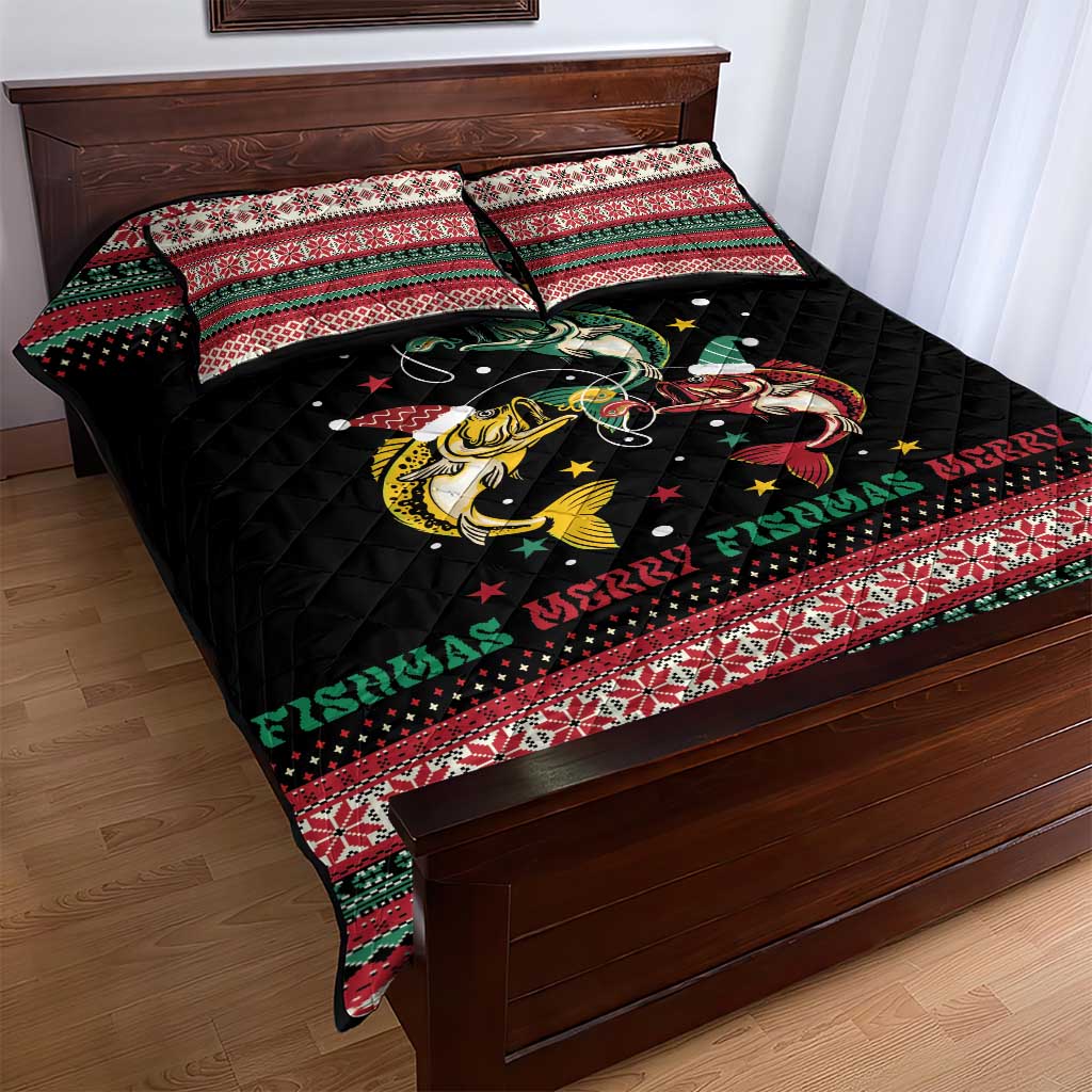 Funny Fishmas Bass Quilt Bed Set Christmas Santa Hat Lights - Wonder Print Shop