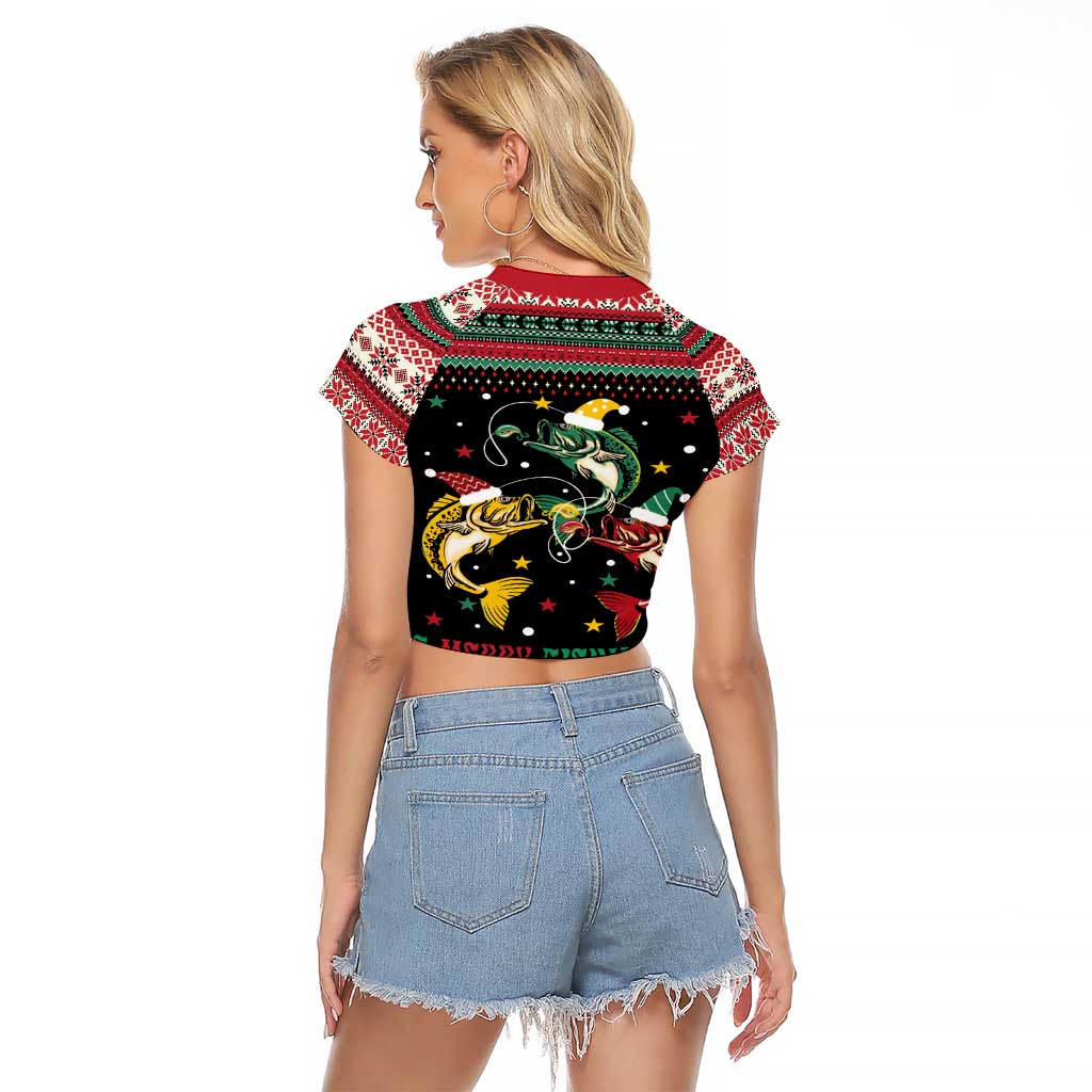 Funny Fishmas Bass Raglan Cropped T Shirt Christmas Santa Hat Lights - Wonder Print Shop