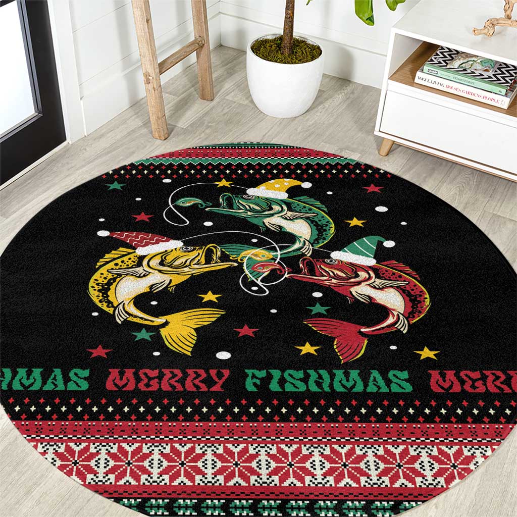 Funny Fishmas Bass Round Carpet Christmas Santa Hat Lights - Wonder Print Shop