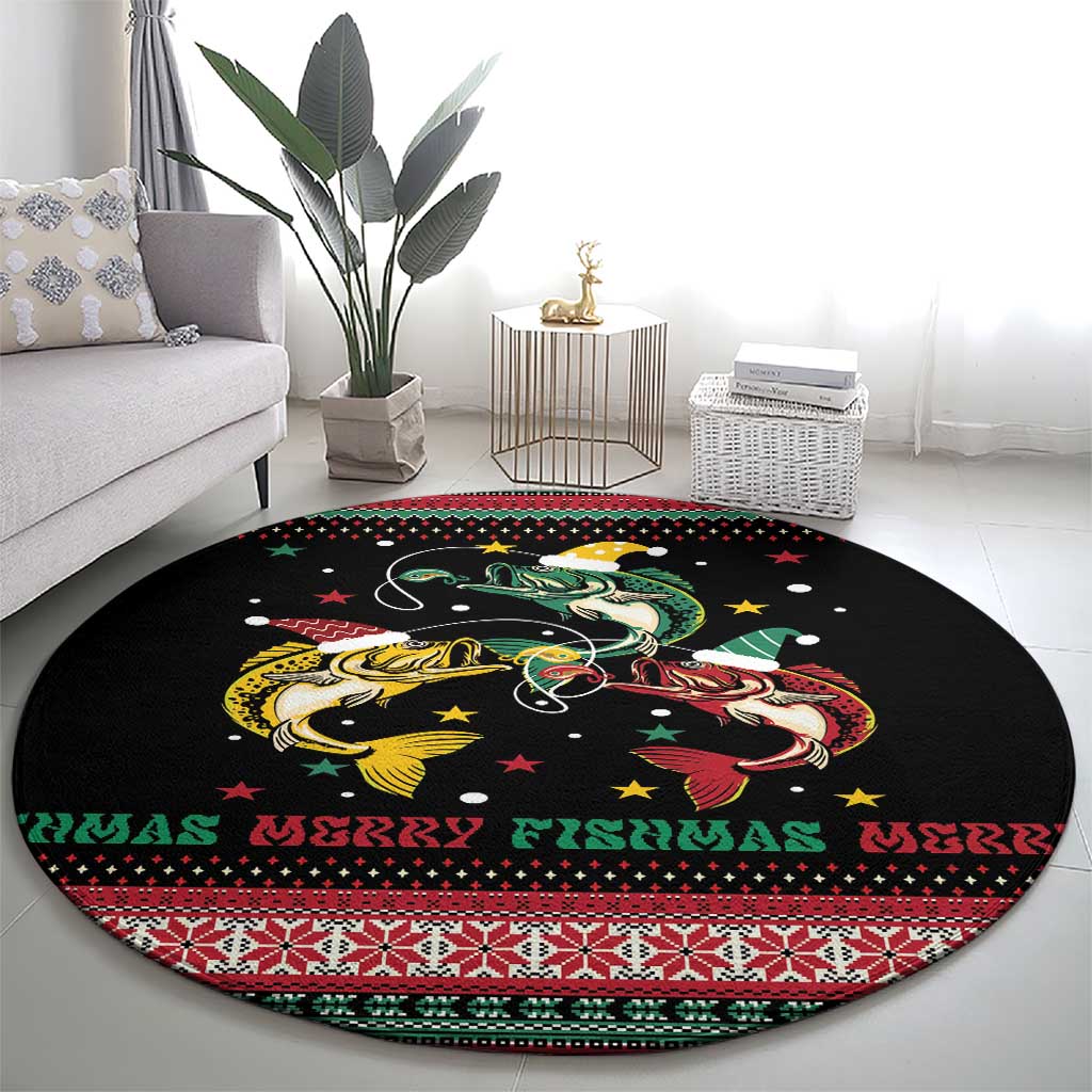 Funny Fishmas Bass Round Carpet Christmas Santa Hat Lights - Wonder Print Shop