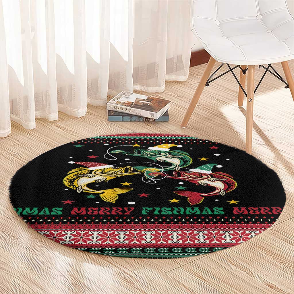 Funny Fishmas Bass Round Carpet Christmas Santa Hat Lights - Wonder Print Shop