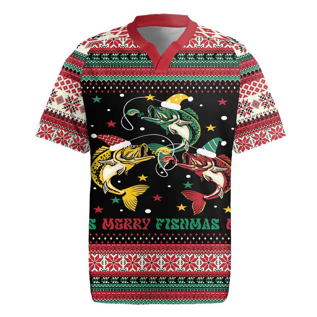 Funny Fishmas Bass Rugby Jersey Christmas Santa Hat Lights - Wonder Print Shop