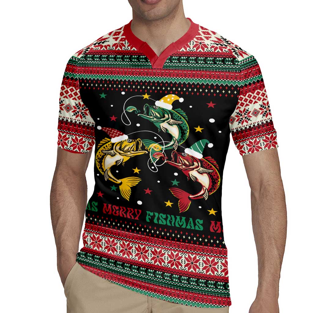 Funny Fishmas Bass Rugby Jersey Christmas Santa Hat Lights - Wonder Print Shop