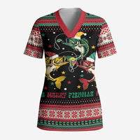 Funny Fishmas Bass Scrub Top Christmas Santa Hat Lights - Wonder Print Shop