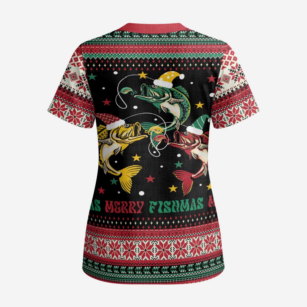 Funny Fishmas Bass Scrub Top Christmas Santa Hat Lights - Wonder Print Shop