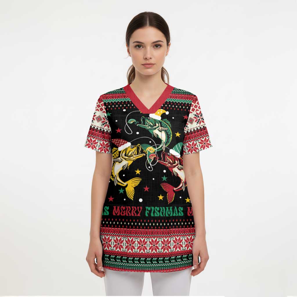 Funny Fishmas Bass Scrub Top Christmas Santa Hat Lights - Wonder Print Shop