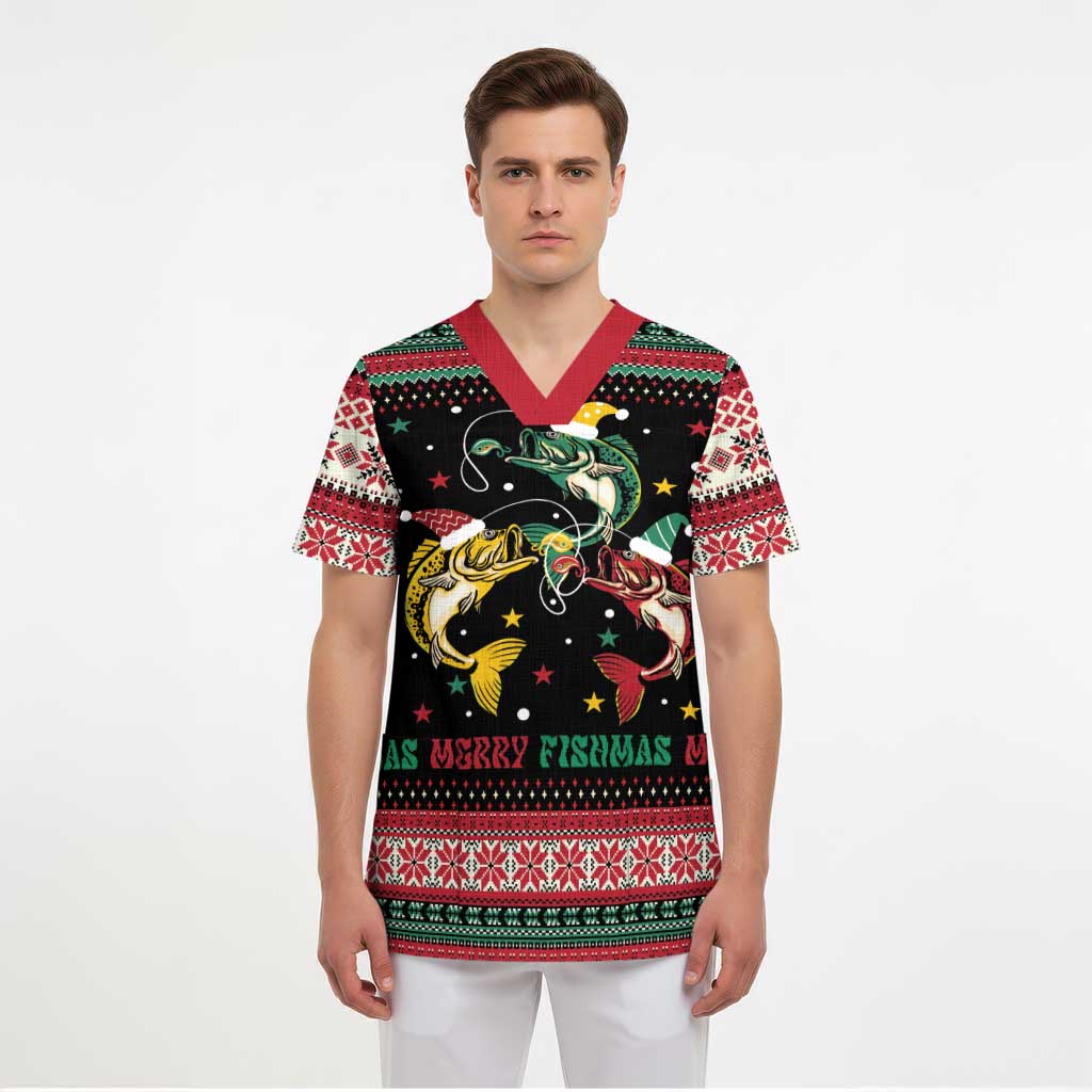Funny Fishmas Bass Scrub Top Christmas Santa Hat Lights - Wonder Print Shop
