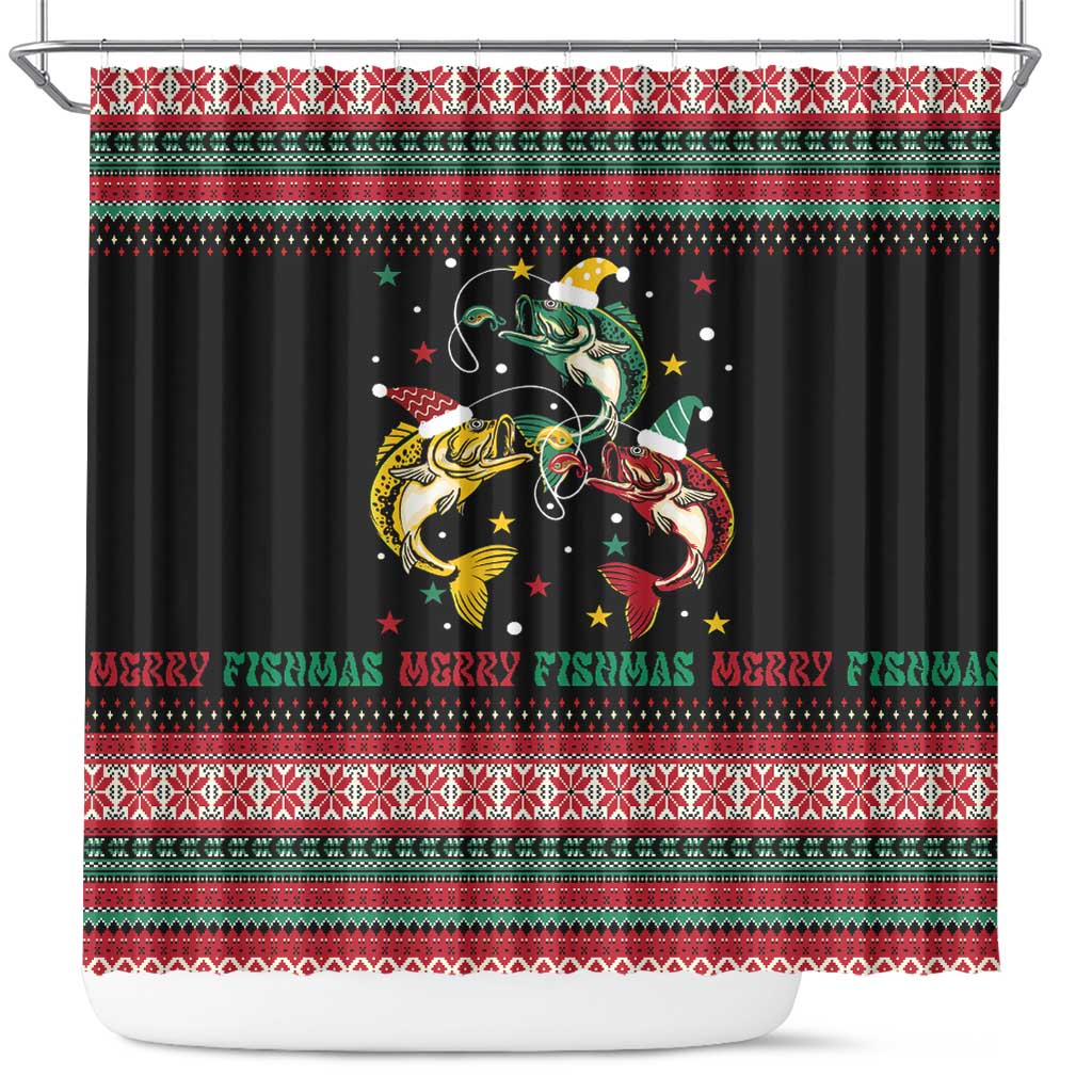 Funny Fishmas Bass Shower Curtain Christmas Santa Hat Lights - Wonder Print Shop