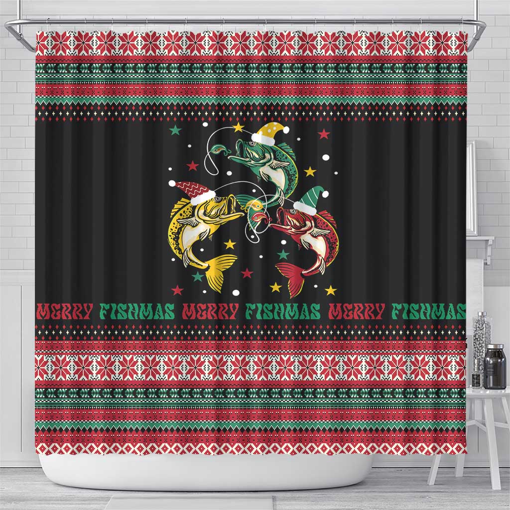 Funny Fishmas Bass Shower Curtain Christmas Santa Hat Lights - Wonder Print Shop