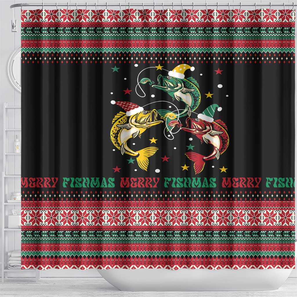 Funny Fishmas Bass Shower Curtain Christmas Santa Hat Lights - Wonder Print Shop