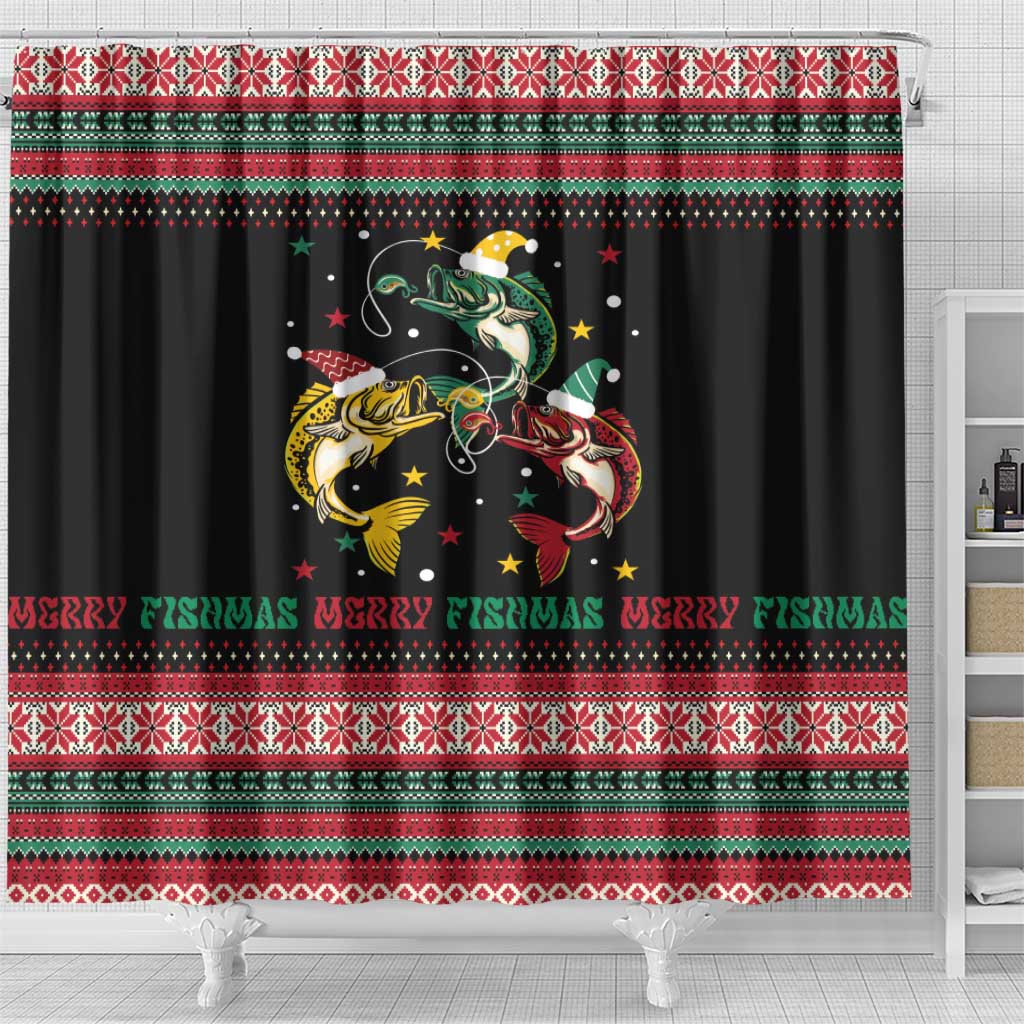 Funny Fishmas Bass Shower Curtain Christmas Santa Hat Lights - Wonder Print Shop