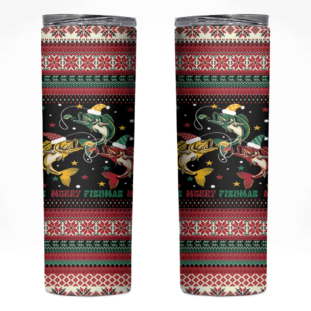 Funny Fishmas Bass Skinny Tumbler Christmas Santa Hat Lights - Wonder Print Shop