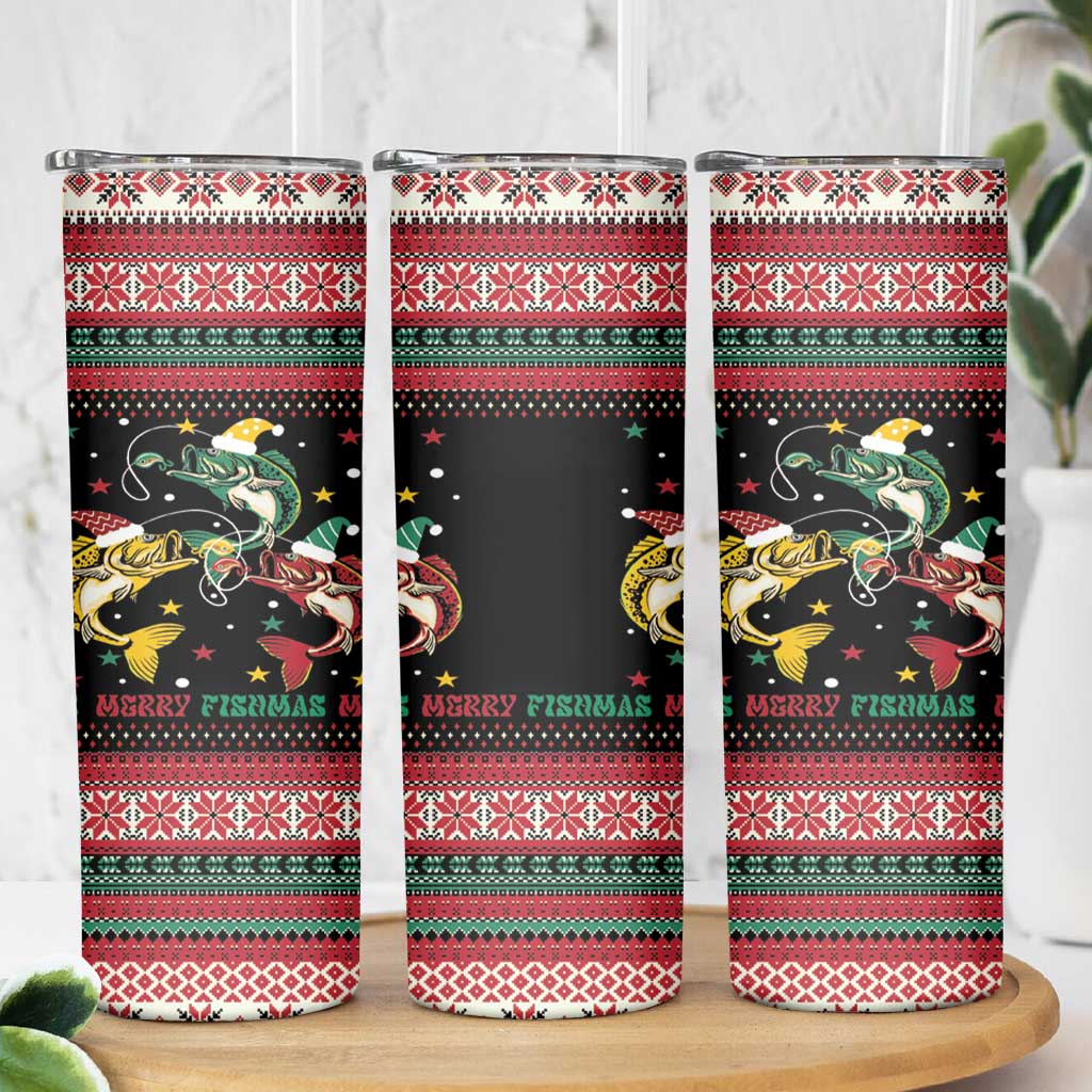 Funny Fishmas Bass Skinny Tumbler Christmas Santa Hat Lights - Wonder Print Shop