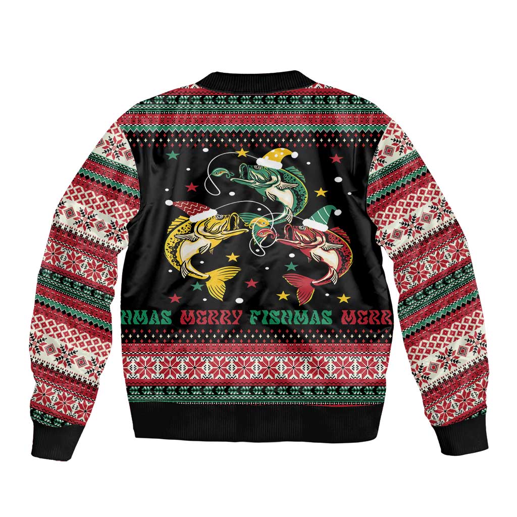 Funny Fishmas Bass Sleeve Zip Bomber Jacket Christmas Santa Hat Lights - Wonder Print Shop