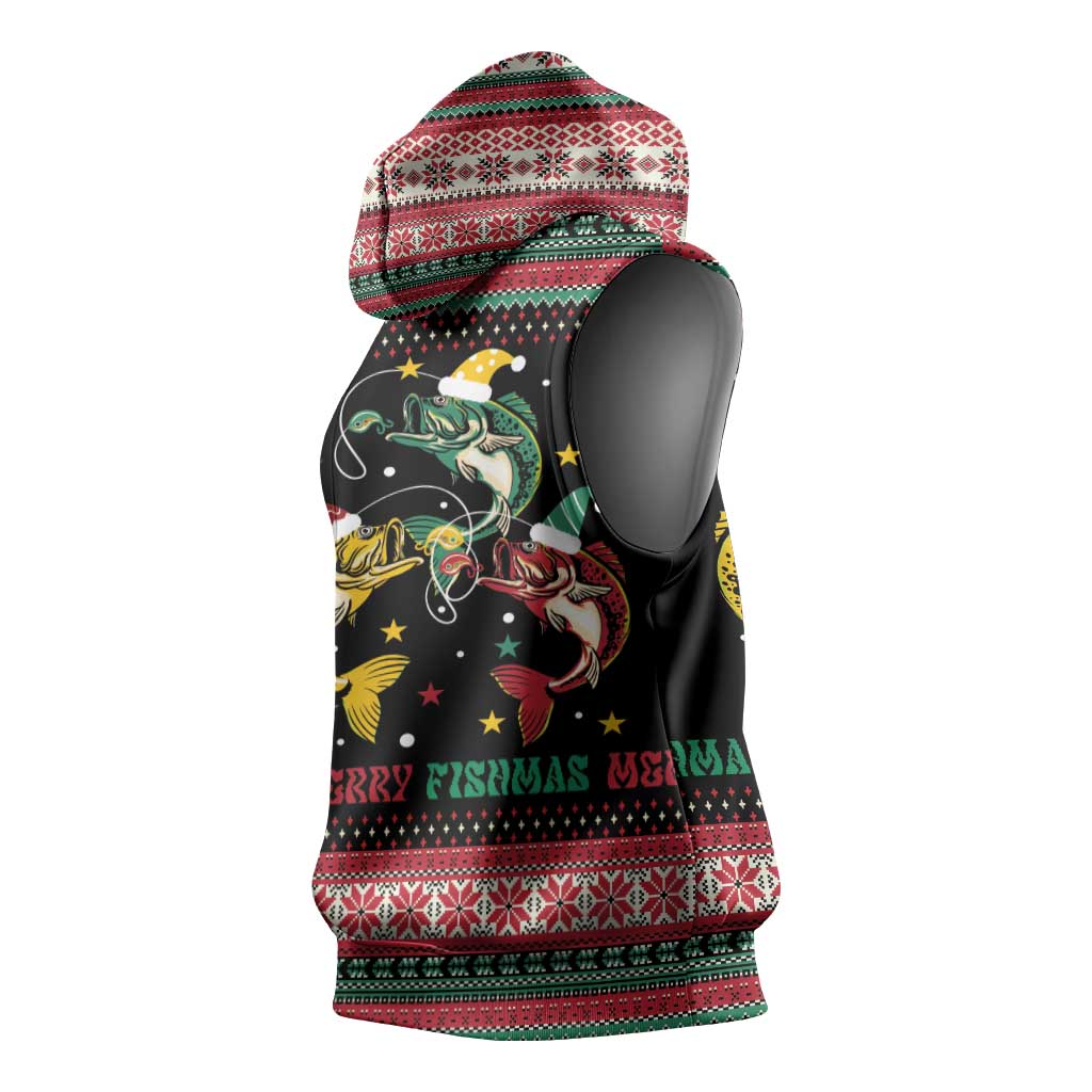 Funny Fishmas Bass Sleeveless Hoodie Christmas Santa Hat Lights - Wonder Print Shop