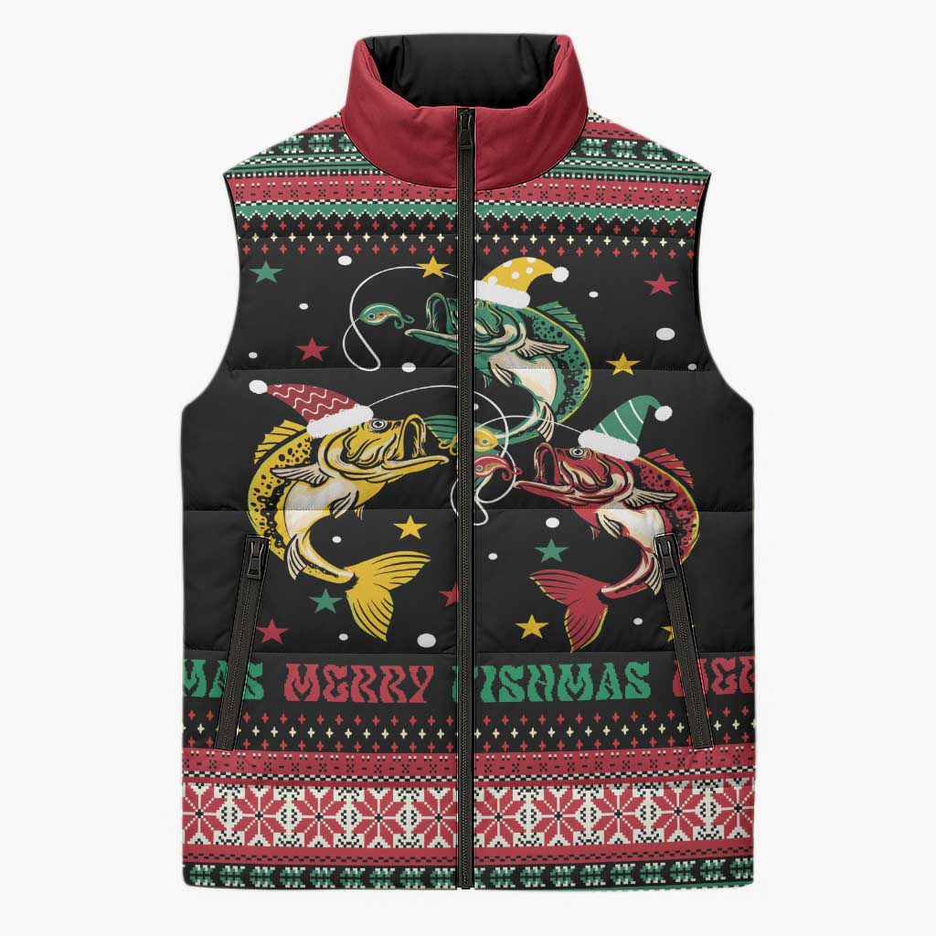 Funny Fishmas Bass Sleeveless Puffer Jacket Christmas Santa Hat Lights - Wonder Print Shop
