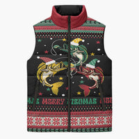 Funny Fishmas Bass Sleeveless Puffer Jacket Christmas Santa Hat Lights - Wonder Print Shop