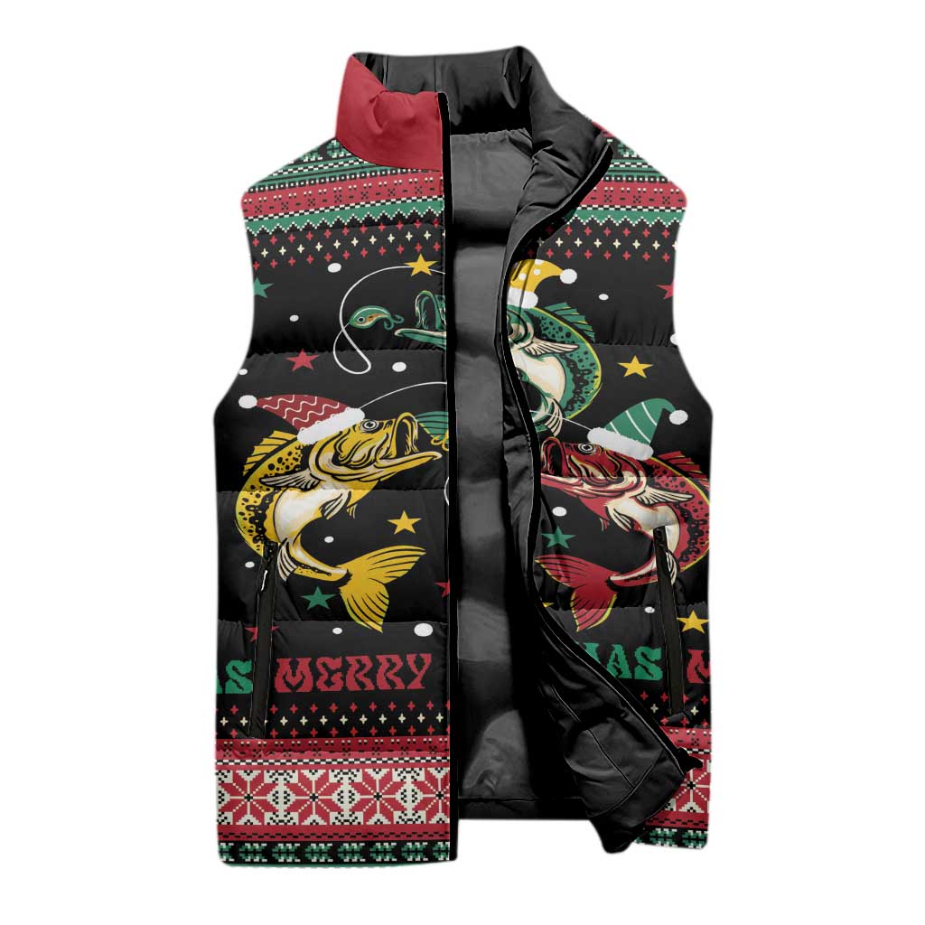 Funny Fishmas Bass Sleeveless Puffer Jacket Christmas Santa Hat Lights - Wonder Print Shop