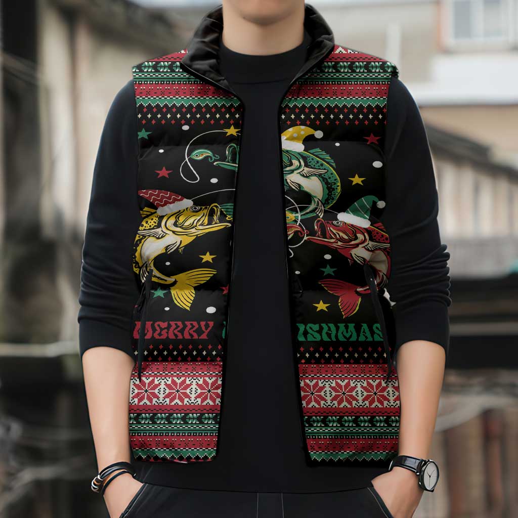 Funny Fishmas Bass Sleeveless Puffer Jacket Christmas Santa Hat Lights - Wonder Print Shop