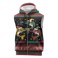 Funny Fishmas Bass Sleeveless Zip Hoodie Christmas Santa Hat Lights - Wonder Print Shop