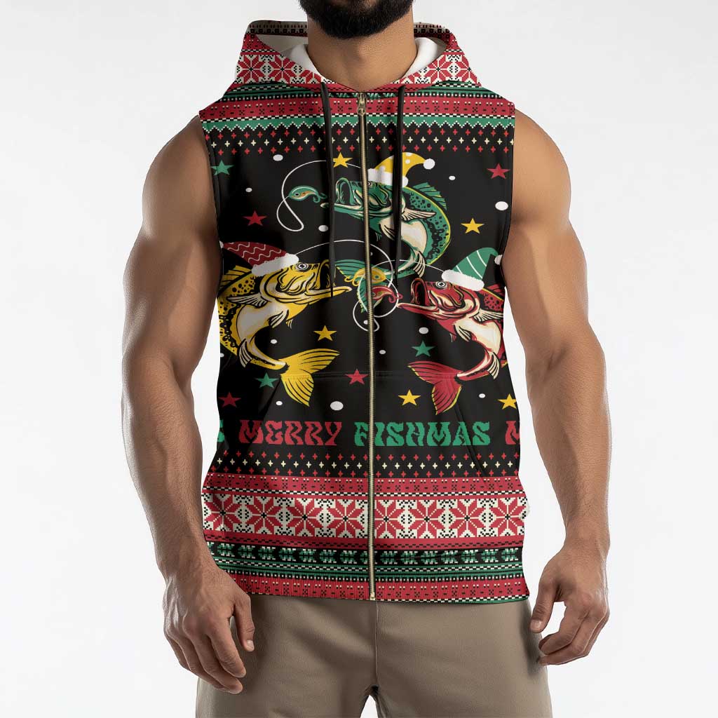 Funny Fishmas Bass Sleeveless Zip Hoodie Christmas Santa Hat Lights - Wonder Print Shop