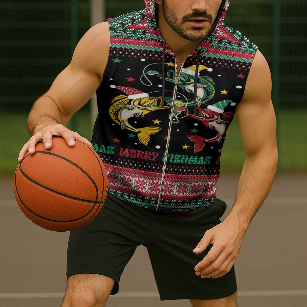 Funny Fishmas Bass Sleeveless Zip Hoodie Christmas Santa Hat Lights - Wonder Print Shop