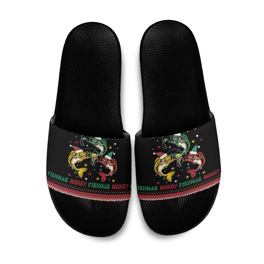 Funny Fishmas Bass Slide Sandals Christmas Santa Hat Lights - Wonder Print Shop