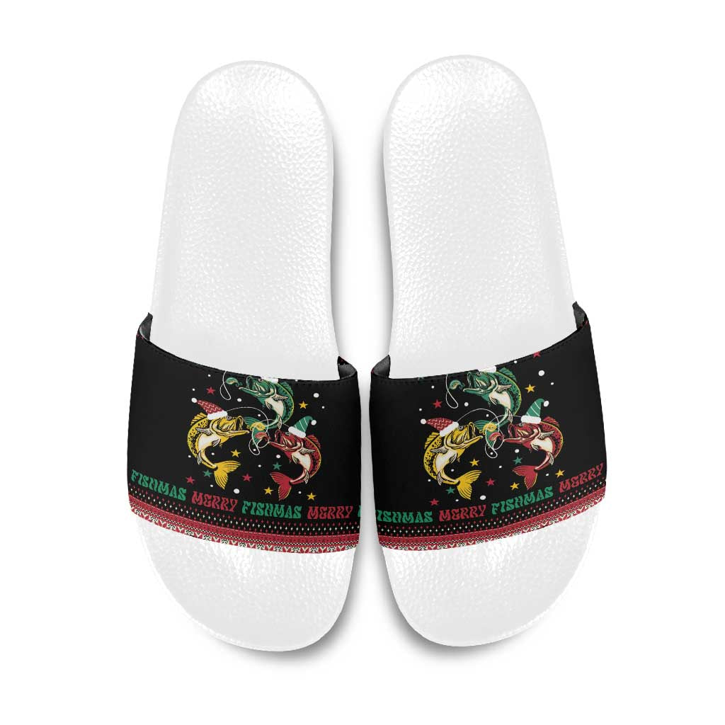Funny Fishmas Bass Slide Sandals Christmas Santa Hat Lights - Wonder Print Shop