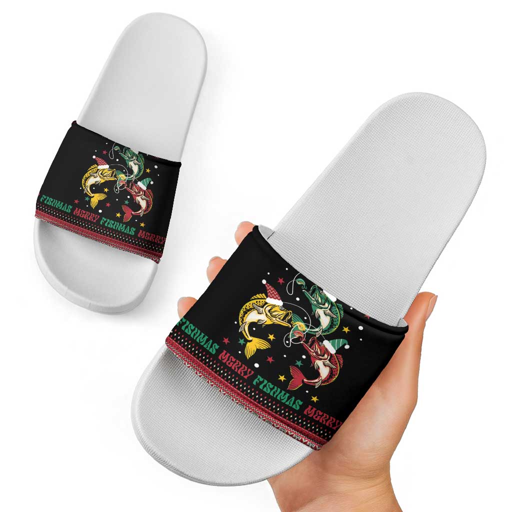 Funny Fishmas Bass Slide Sandals Christmas Santa Hat Lights - Wonder Print Shop