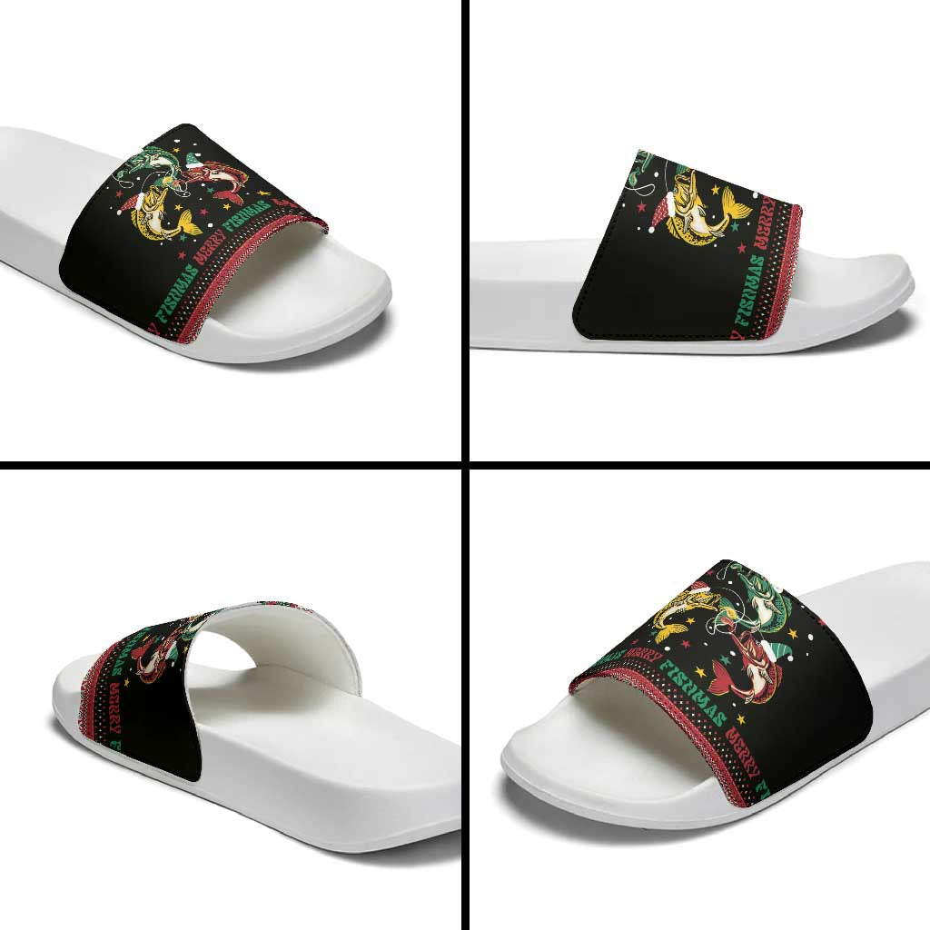 Funny Fishmas Bass Slide Sandals Christmas Santa Hat Lights - Wonder Print Shop
