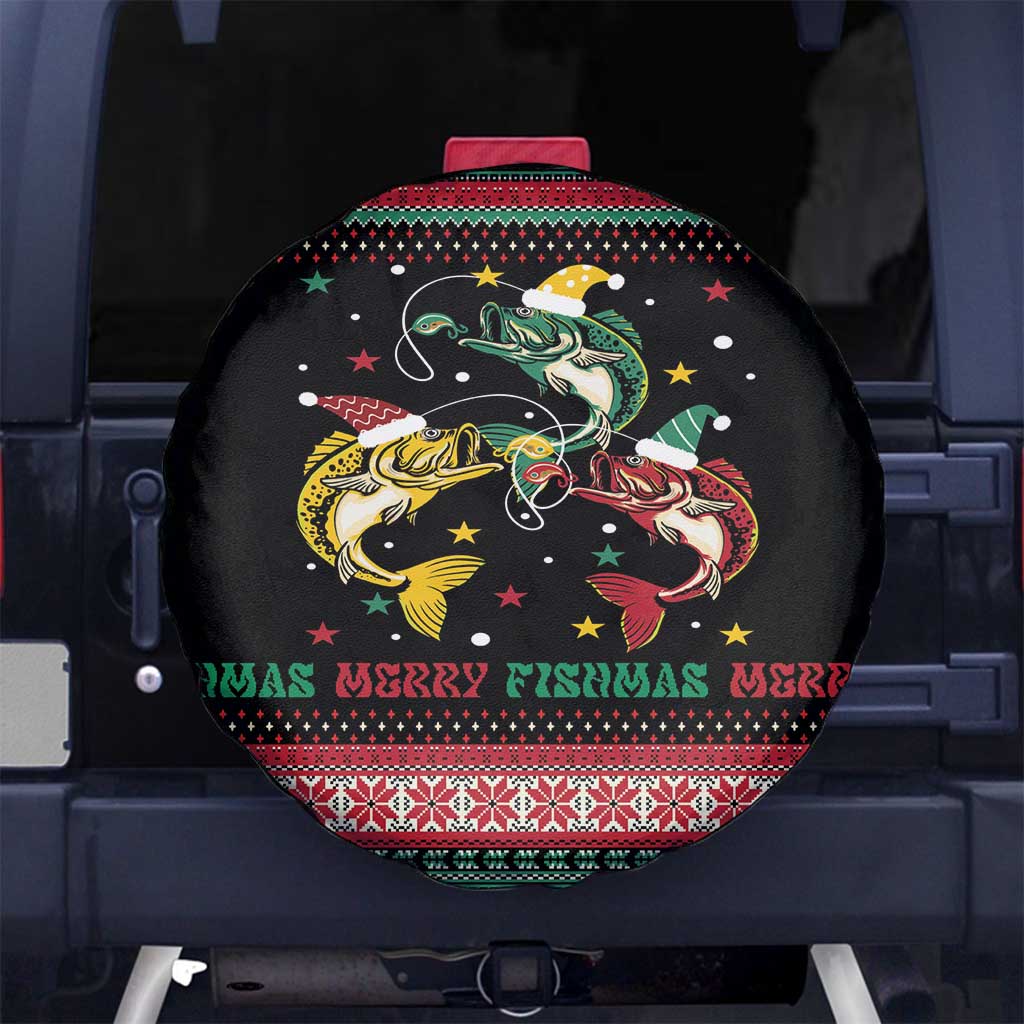 Funny Fishmas Bass Spare Tire Cover Christmas Santa Hat Lights - Wonder Print Shop