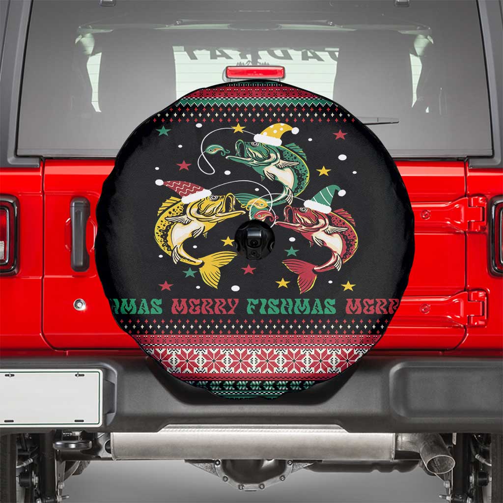 Funny Fishmas Bass Spare Tire Cover Christmas Santa Hat Lights - Wonder Print Shop