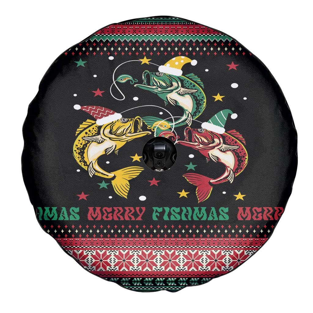 Funny Fishmas Bass Spare Tire Cover Christmas Santa Hat Lights - Wonder Print Shop