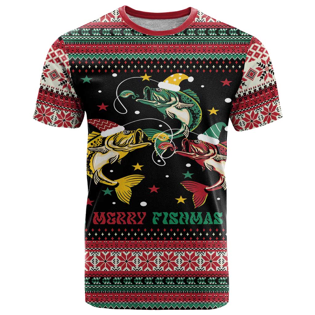 Funny Fishmas Bass T Shirt Christmas Santa Hat Lights - Wonder Print Shop