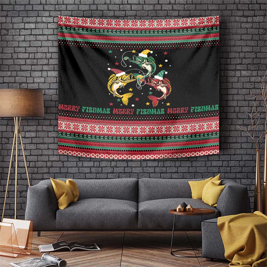 Funny Fishmas Bass Tapestry Christmas Santa Hat Lights - Wonder Print Shop