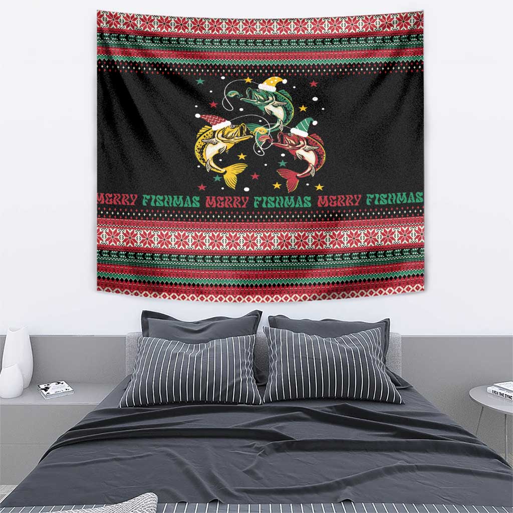 Funny Fishmas Bass Tapestry Christmas Santa Hat Lights - Wonder Print Shop