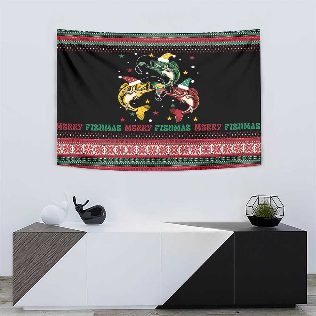 Funny Fishmas Bass Tapestry Christmas Santa Hat Lights - Wonder Print Shop